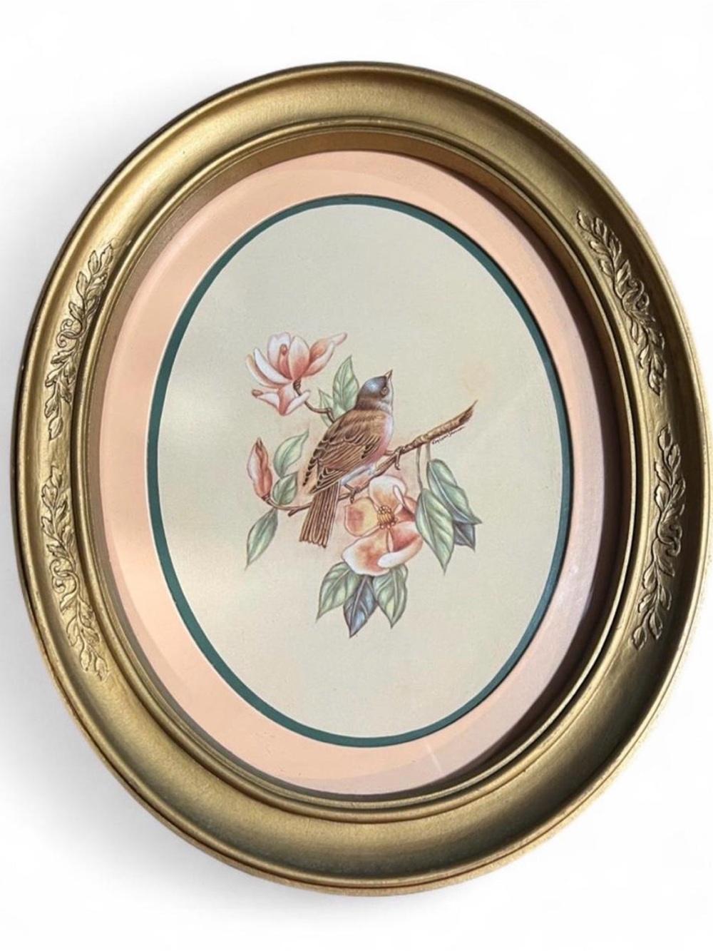 Set of 2 Vintage 80s Gold Oval Framed Bird Wall Art